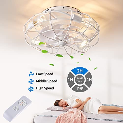 EMIKIRII Recessed Remote Control Ceiling Fan With Light, Industrial White Ceiling Fan, 3 Speed Reversible Motor, Suitable for Living Room, Bedroom, Church, etc