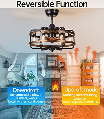 IYUNXI Ceiling Fan with Lights, Farmhouse Light Caged, 18in Industrial Flush Mount Fan Lights Ceiling Fixtures Vintage Bladeless Ceiling Fans Remote Control Bedroom 6xE12 Bulb Base