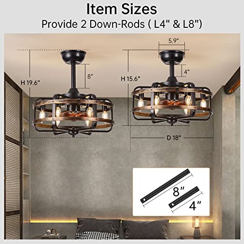 IYUNXI Ceiling Fan with Lights, Farmhouse Light Caged, 18in Industrial Flush Mount Fan Lights Ceiling Fixtures Vintage Bladeless Ceiling Fans Remote Control Bedroom 6xE12 Bulb Base