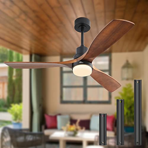 Sofucor 52'' Ceiling Fans with Lights Remote Control, 3 Down Rods Outdoor Ceiling Fan with Remote, Dimmable LED Light, Noiseless Motor & 3 Reversible Wood Blades