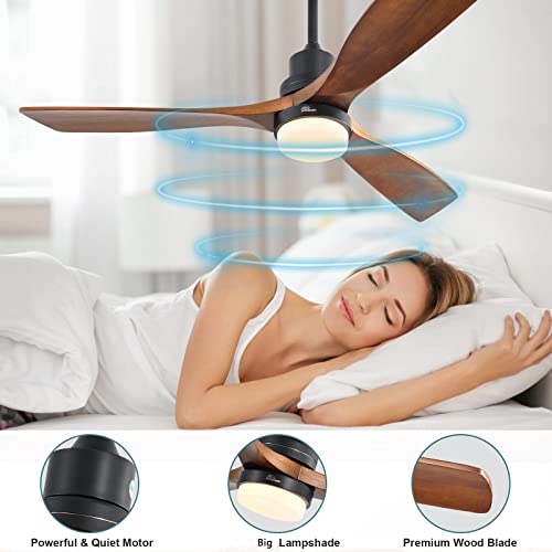 Sofucor 52'' Ceiling Fans with Lights Remote Control, 3 Down Rods Outdoor Ceiling Fan with Remote, Dimmable LED Light, Noiseless Motor & 3 Reversible Wood Blades