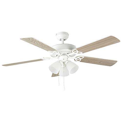 Amazon Basics 52-Inch Ceiling Fan, Includes Dimmable LED Light Kit With Three Candelabra Base LED Light Bulbs, Five Reversible Blades, White Finish