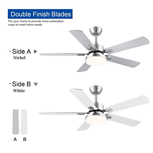 SNJ 52 inch Brushed Nickel Ceiling Fan with Lights and Remote Control, Modern Ceiling Fan with Dimmable led light for Bedroom Home, Indoor, Outdoor, Noiseless Motor, Reversible 5 Blades, Fan