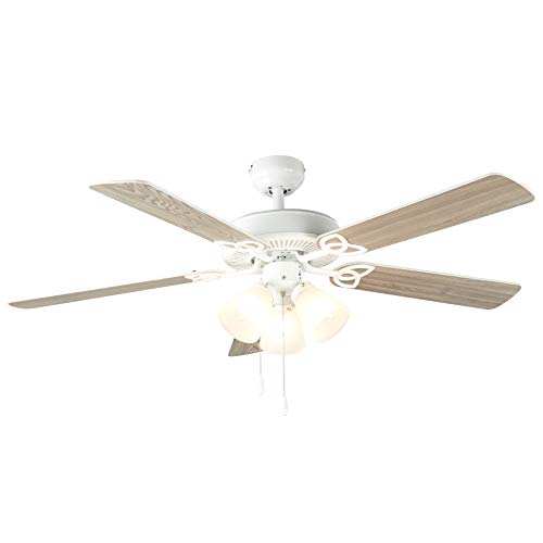 Amazon Basics 52-Inch Ceiling Fan, Includes Dimmable LED Light Kit With Three Candelabra Base LED Light Bulbs, Five Reversible Blades, White Finish
