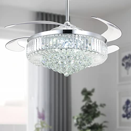 Moooni 52 Inch Retractable Blades Fandelier Dimmable Crystal Chandelier Ceiling Fan with Light and Remote, Dimmable LED Crystal Fan Light Kit for Bedroom Dining Room-Polished Chrome