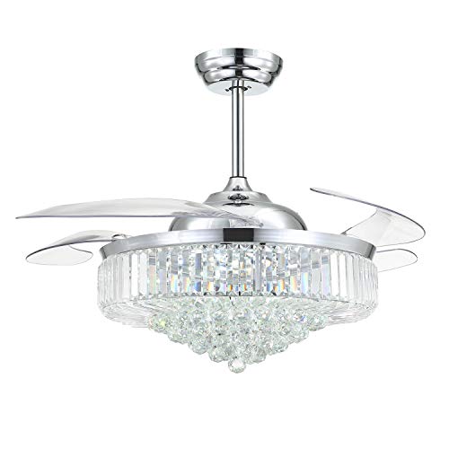 Moooni 52 Inch Retractable Blades Fandelier Dimmable Crystal Chandelier Ceiling Fan with Light and Remote, Dimmable LED Crystal Fan Light Kit for Bedroom Dining Room-Polished Chrome
