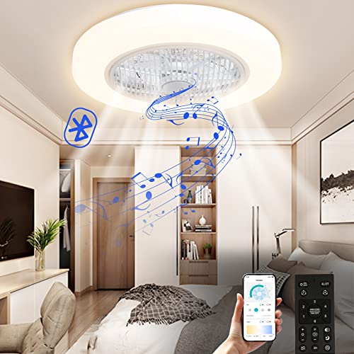TCFUNDY Ceiling Fan with Light and Bluetooth Speaker, 22" Enclosed Low Profile Ceiling Fans Lights, Dimmable LED Lighting, 6 Wind Speeds Reversible Blades, App & Remote Control, Semi Flush Mount Fan