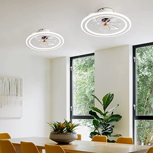 EKIZNSN 20'' Bladeless Modern Indoor Flush Mount Ceiling Fan with Lights and Remote, APP Control White Low Profile Ceiling Fans for Bedroom/Small Room