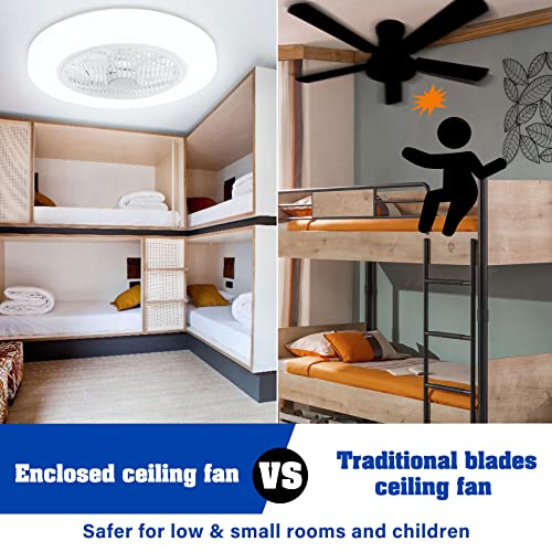 TCFUNDY Ceiling Fan with Light and Bluetooth Speaker, 22" Enclosed Low Profile Ceiling Fans Lights, Dimmable LED Lighting, 6 Wind Speeds Reversible Blades, App & Remote Control, Semi Flush Mount Fan