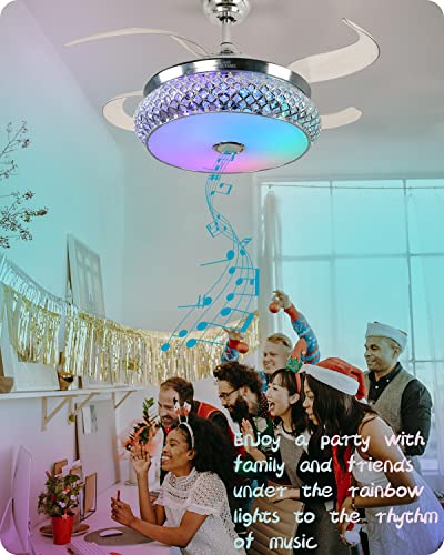 BAYSQUIRREL Retractable Bluetooth Ceiling Fan with Speaker, 85 Kinds of Color Light Bluetooth Ceiling Fan with Light,6 Speed Reversible Modern Invisible Ceiling Fan,Remote and APP Control