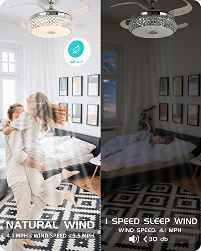 BAYSQUIRREL Retractable Bluetooth Ceiling Fan with Speaker, 85 Kinds of Color Light Bluetooth Ceiling Fan with Light,6 Speed Reversible Modern Invisible Ceiling Fan,Remote and APP Control