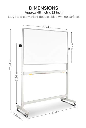 Rolling Whiteboard Dry Erase Board on Wheels with Stand 48x32" Large, Portable, Double Sided Mobile Whiteboard on Wheels with Magnetic Eraser, Ruler, 2 Gridding Tapes, 12 Pin Magnets for Home Office
