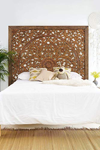 Super King Sized Carved Headboard, Wall Mounted Mandala Wooden Panels, Weathered Brown Rustic Barn Finish, 80 inches