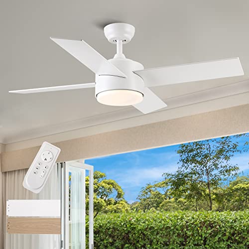 SNJ 44 inch White Ceiling Fans with Lights and Remote, Wood grain, Low profile, Modern, Ceiling Fan, Bedroom, Indoor, outdoor, Home, Fandelier, LED, Dimmable, Tri-Color temperature, Quiet Reversible