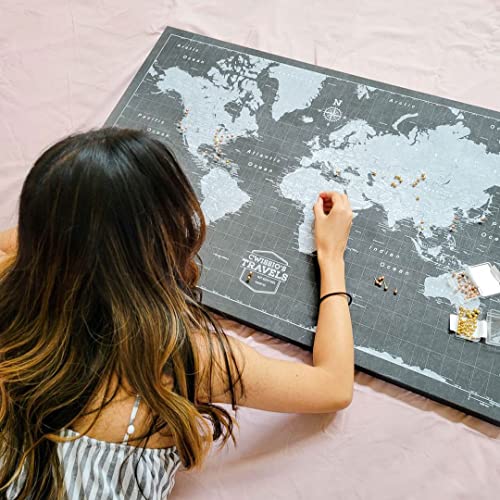 Conquest Maps World Travel Map with Pins Modern Slate Style Push Pin Travel Map Cork Board, Track Your Travels w/a Handmade Unique Canvas Pinable Map (24" x 16")