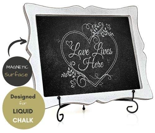 11"x13" Chalkboard Sign with Easel (Rustic White) + White Liquid Chalk Marker | Hanging or Freestanding Framed Chalkboard with Hand Crafted Sweetheart Frame - Multipurpose Small Chalkboard Sign