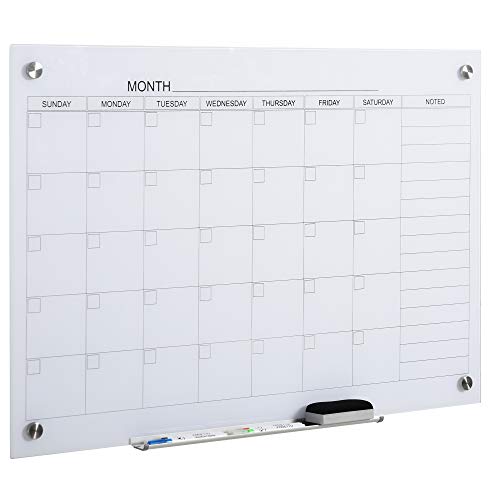 Vinsetto 35"x23" Dry Erase Wall Calendar Glass Whiteboard Monthly Planner for Homeschool Supplies & Home Office Organization with 4 Markers and 1 Eraser,Frameless