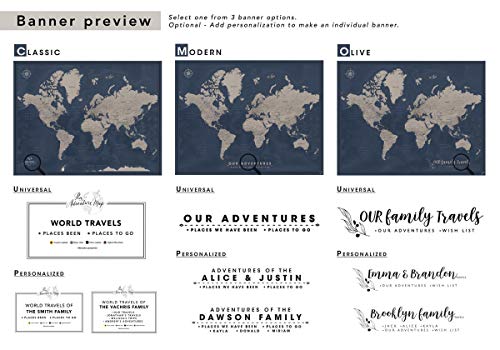 Travel Map With Pins World Personalized on Canvas | Premium Push Pin Travel Map | Black and White World Map in Various Color and Size Options | 24" x 32" up to 40" x 53"