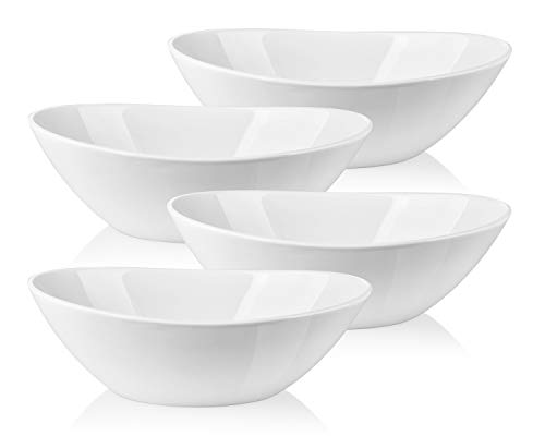 LIFVER 9" Serving Bowls, Porcelain Large Serving Dishes, 36 Ounce for Salads, Side Dishes, Pasta, Oval Shape, Microwave & Dishwasher Safe, Good Size for Dinner Parties, Set of 4, White