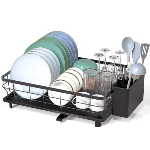 LIONONLY Large Dish Drying Rack with Drainboard, Stainless Steel Dish Rack for Kitchen Counter,Detachable Dish Drainer Organizer Shelf with Utensil Holder Set (Black)