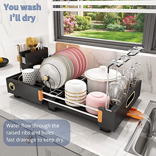 slhsy Expandable Dish Drying Rack, with Swivel Spout Drainboard Set & Extra Drying Mat, Dish Racks with Wine Glass Holder & Utensil Holder, Kitchen Organization Gadgets & Decor, Gifts for Family