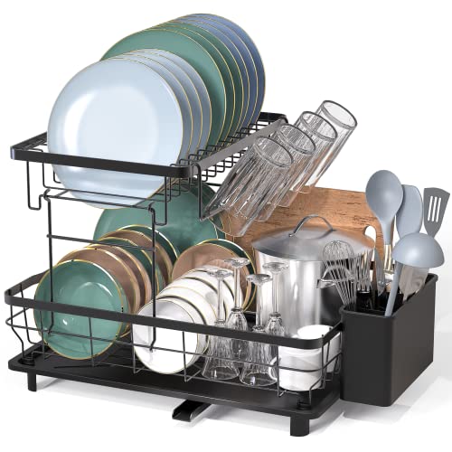 LIONONLY Large Dish Drying Rack with Drainboard, 2 Tier Stainless Steel Drying Racks for Kitchen Counter,Detachable Dish Drainer Organizer Shelf with Utensil Holder Set (Black)