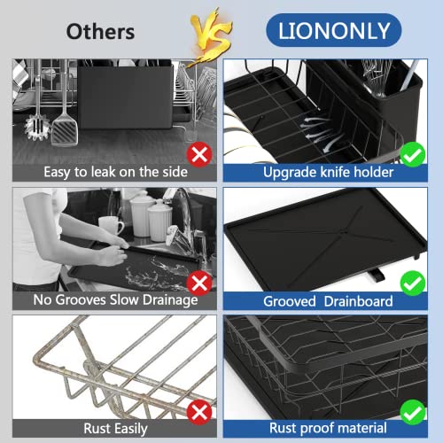 LIONONLY Large Dish Drying Rack with Drainboard, Stainless Steel Dish Rack for Kitchen Counter,Detachable Dish Drainer Organizer Shelf with Utensil Holder Set (Black)