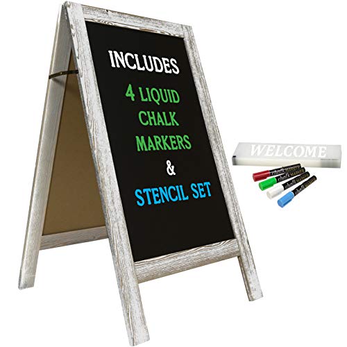 Large Sturdy Handcrafted 40" x 20" Wooden A-Frame Chalkboard Display / 4 Liquid Chalk Markers & Stencil Set/Sidewalk Chalkboard Sign Sandwich Board/Chalk Board Standing Sign (6 - White)