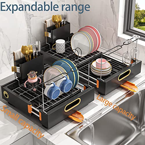 slhsy Expandable Dish Drying Rack, with Swivel Spout Drainboard Set & Extra Drying Mat, Dish Racks with Wine Glass Holder & Utensil Holder, Kitchen Organization Gadgets & Decor, Gifts for Family