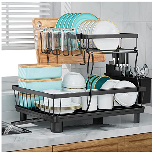 7 code 2-Tier Dish Drying Rack for Kitchen Counter,Detachable Large Capacity Dish Drainer Organizer with Utensil Holder, Drain Board,Black