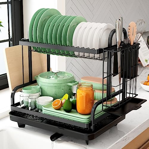 Kitsure Dish Drying Rack -Multifunctional Dish Rack, Rustproof Kitchen Dish Drying Rack with Drainboard & Utensil Holder, 2-Tier Dish Drying Rack
