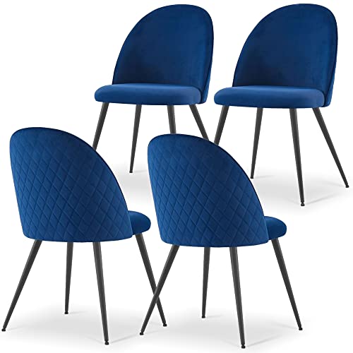 NORDICANA Accent Dining Chair Set of 4 Velvet Comfy Reading Living Room Upholstered Side Chair with Metal Black Powder Coated Legs (Navy Blue)