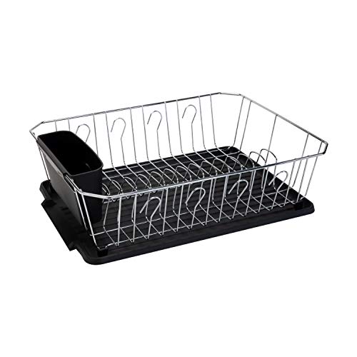Kitchen Details 3 Piece Dish Rack | Drying Rack, Cutlery Basket & Drainboard Tray | Countertop | Self Draining | Rust Resistant | Chrome | Black