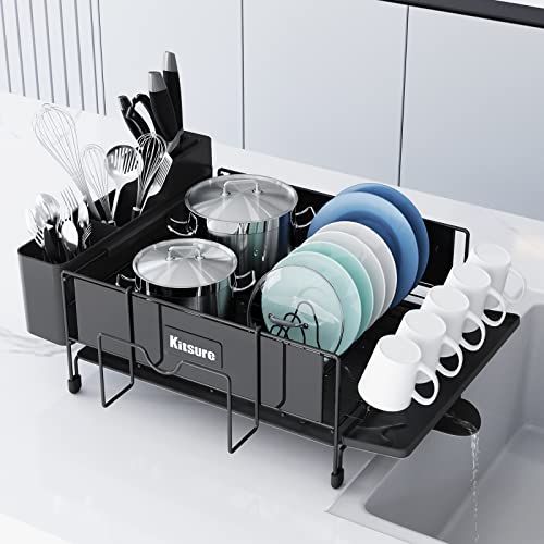 Kitsure Dish Drying Rack Large - Stainless Steel Dish Rack for Kitchen Counter, Dish Drainer with Drainboard Connected to The Sink, Dish Holder for Cups, Cutlery & Cutting Board, Black, Single-tiers
