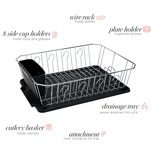 Kitchen Details 3 Piece Dish Rack | Drying Rack, Cutlery Basket & Drainboard Tray | Countertop | Self Draining | Rust Resistant | Chrome | Black