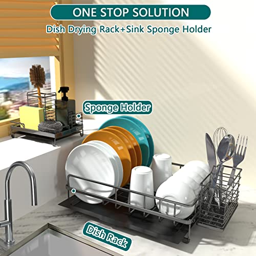 LKKL Dish Racks for Kitchen Counter- Rustproof Kitchen Dish Drying Rack with Drainboard,2 in 1 Small Dish Rack Drainer Set with Sponge Holder,Saving Space Dish Drainers for Kitchen Counter,Black