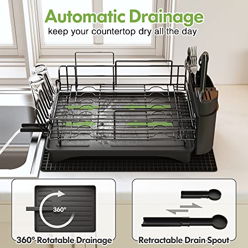 Qienrrae Dish Drying Racks for Kitchen Counter, Stainless Steel 2 Tier Black Dish Dryer Rack with Drainboard Set, Large Dish Drainers with Wine Glass Holder, Utensil Holder and Dryer Mat