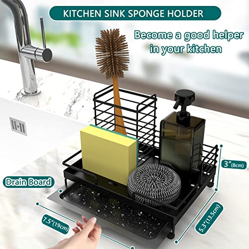 LKKL Dish Racks for Kitchen Counter- Rustproof Kitchen Dish Drying Rack with Drainboard,2 in 1 Small Dish Rack Drainer Set with Sponge Holder,Saving Space Dish Drainers for Kitchen Counter,Black