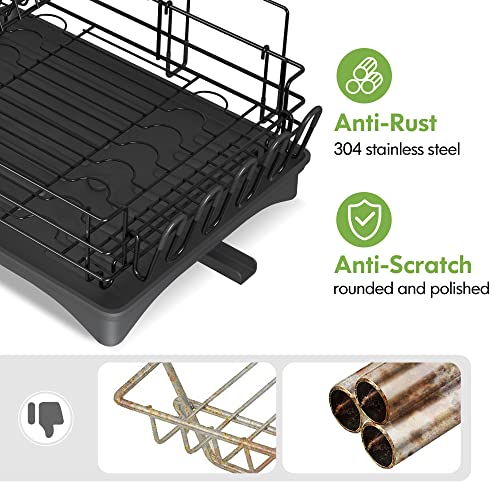 Qienrrae Dish Drying Racks for Kitchen Counter, Stainless Steel 2 Tier Black Dish Dryer Rack with Drainboard Set, Large Dish Drainers with Wine Glass Holder, Utensil Holder and Dryer Mat