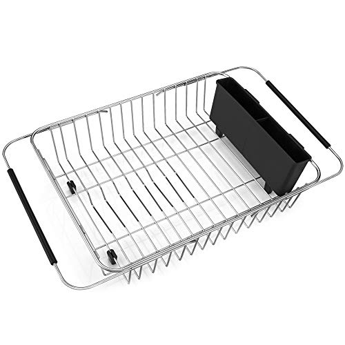 iPEGTOP Expandable Dish Drying Rack, Over The Sink Dish Rack, in Sink Or On Counter Dish Drainer Basket Shelf with Black Utensil Holder Cutlery Tray, Rustproof Stainless Steel for Kitchen