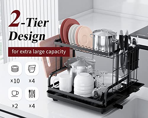 Sakugi Dish Drying Rack for Countertop - Rustproof Space-Saving & Multipurpose 2-Tier Dish Rack for Kitchen Counter with Utensil Holder, Large-Capacity, Black