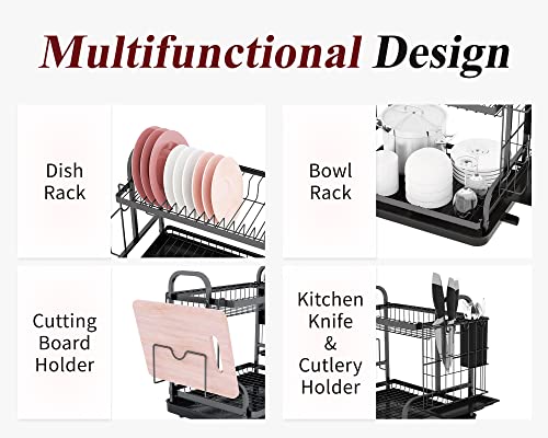 Sakugi Dish Drying Rack for Countertop - Rustproof Space-Saving & Multipurpose 2-Tier Dish Rack for Kitchen Counter with Utensil Holder, Large-Capacity, Black