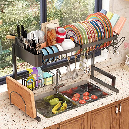 ADBIU 【Fit Sink 24"- 35.5" L Over The Sink Dish Drying Rack (Expandable Height and Length) Snap-On Design 2 Tier Large Dish Rack Stainless Steel Kitchen Count Organization and Storage