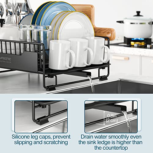 YASONIC Dish Drying Rack with Drainboard - Small Stainless Steel Dish Drainer with Swivel Spout - Dish Racks for Kitchen Counter- Rustproof Dish Rack with Removable Utensil Holder - Black