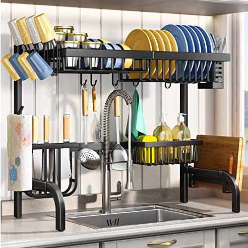 Over The Sink Dish Drying Rack, Adjustable (25.5 to 33.5 inch) 2 Tier Dish Drying Racks for Kitchen Counter with Paper Towel Holder Cup Utensil Holder ChoppingBoard Holder Sink Caddy Hooks, Black