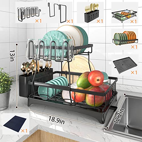 Godboat Dish Drying Rack with Drainboard, 2-Tier Dish Racks for Kitchen Counter, Dish Drainer Set with Utensils Holder, Large Capacity Dish Strainers with Extra Drying Mat (Black)