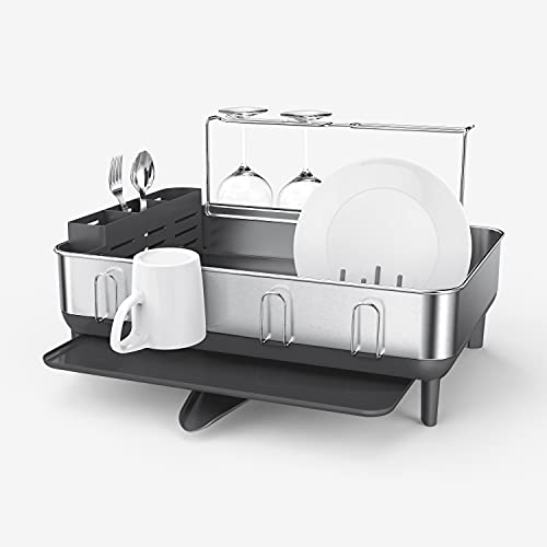 simplehuman Kitchen Dish Drying Rack With Swivel Spout, Fingerprint-Proof Stainless Steel Frame, Grey Plastic, 2022 Model