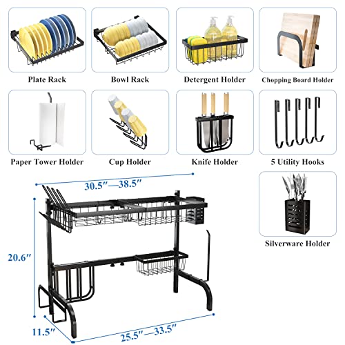 Over The Sink Dish Drying Rack, Adjustable (25.5 to 33.5 inch) 2 Tier Dish Drying Racks for Kitchen Counter with Paper Towel Holder Cup Utensil Holder ChoppingBoard Holder Sink Caddy Hooks, Black