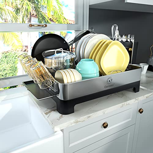 Genteen Dish Drying Rack, Large Dish Drying Rack with Drainboard, Stainless Steel Drying Rack for Kitchen Counter with Swivel Spout Utensil Holder