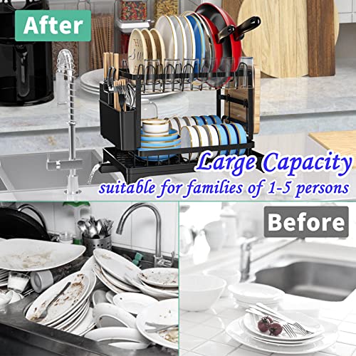 Dish Drying Rack,Dish Rack for Kitchen Counter,2 Tier Large Dish Drying Rack with Drainboard Stainless Steel Dish Drainer with Drainage Utensil Holder for Dish/Knifes/Cup/Cutting Board(16.6*12*13 IN)